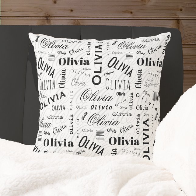Olivia Custom Name Black White  Kudde (Skapare uppladdad)