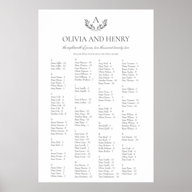 Olivia Elegant Alphabetical Bröllop Seating Chart Poster (Framsidan)