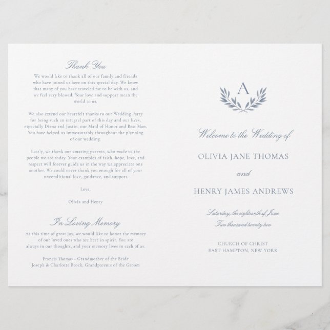 Olivia Elegant Dammblå Vikad Bröllopsprogram (Framsida)