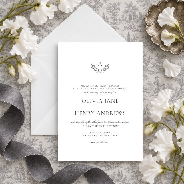 Olivia Elegant Enkel Grå Monogram Bröllop Inbjudningar (The Olivia wedding invitation features an elegant watercolor monogram for a fine art aesthetic)