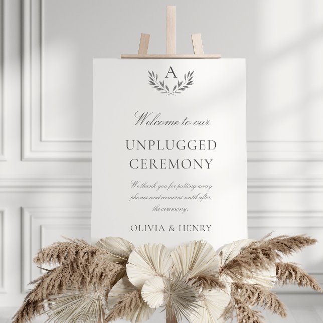 Olivia Elegant Unplugged Bröllop Ceremony Sign Poster (This elegant, 11x14 unplugged ceremony sign features your monogram and gray text)