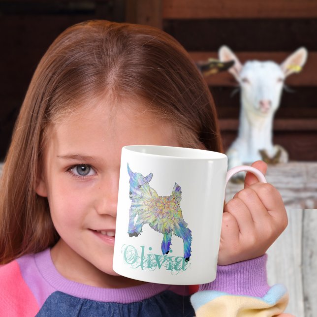 Olivia Färgglad Söt Babyget Hoppande Djur Konst Kaffemugg (Cute jumping baby goat custom mug for goat lovers)