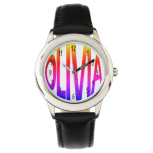 Olivia-flickor namn färgstarka barn tittar på armbandsur
