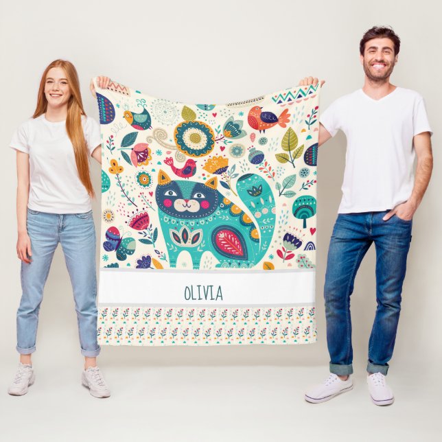 OLIVIA - Girls Namn Gift - MYSIGT folkart CAT Fleecefilt (På plats)