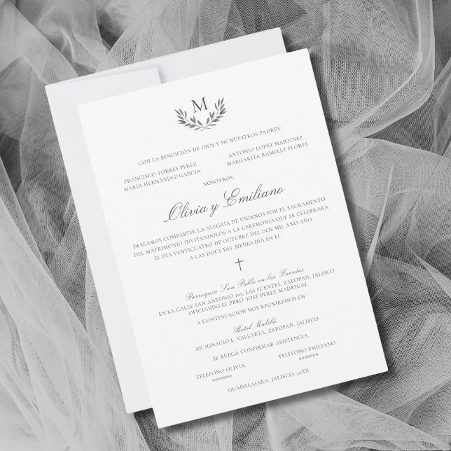 Olivia Invacion de Boda Catolica Bröllop Inbjudningar (Elegante invitación de boda católica en español en paleta de colores grises)