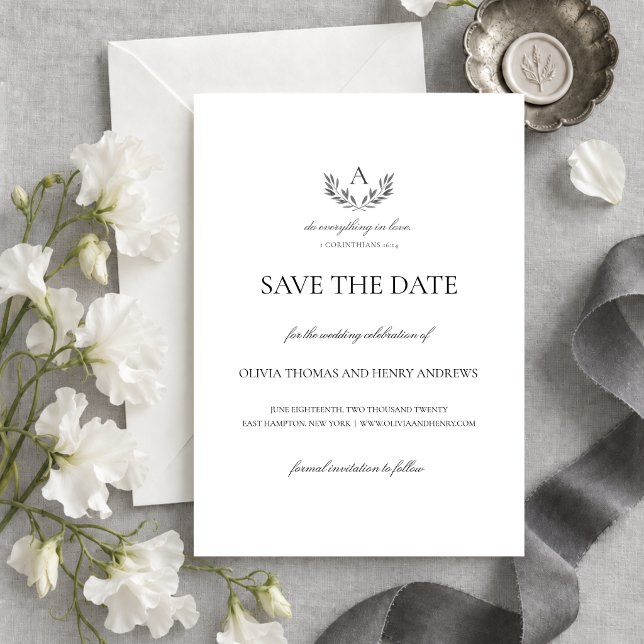 Olivia kristen bröllopsmonogram Spara datumet (This elegant save the date card features your monogram and a Bible verse on love.)