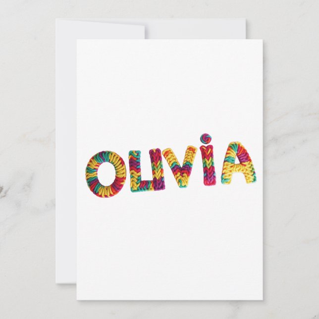 Olivia Namn i Vibrant Crochet Mönster Inbjudningar (Framsida)