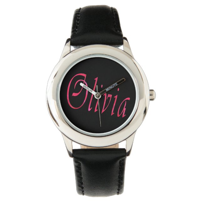 Olivia, Namn, Logotyp, Girls Black Leather Watch. Armbandsur (Framsida)