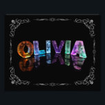 Olivia - Namn Olivia i 3D Ljus (fotografi) Fototryck<br><div class="desc">Lite magi för Olivia i ditt liv! Namn Olivia återspeglas fortfarande i vatten, med flytande foliehexagoner. Brev ser ut som om de är borrade från sprickor eller kristaller. Bilden är ett foto av handgjord brev, som ändras slumpmässigt och ger ett unikt mönster och färg ljus. Om du inte kan hitta...</div>
