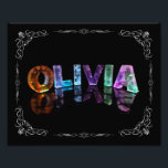 Olivia - Namn Olivia i 3D Ljus (fotografi) Fototryck<br><div class="desc">Lite magi för Olivia i ditt liv! Namn Olivia återspeglas fortfarande i vatten, med flytande foliehexagoner. Brev ser ut som om de är borrade från sprickor eller kristaller. Bilden är ett foto av handgjord brev, som ändras slumpmässigt och ger ett unikt mönster och färg ljus. Om du inte kan hitta...</div>