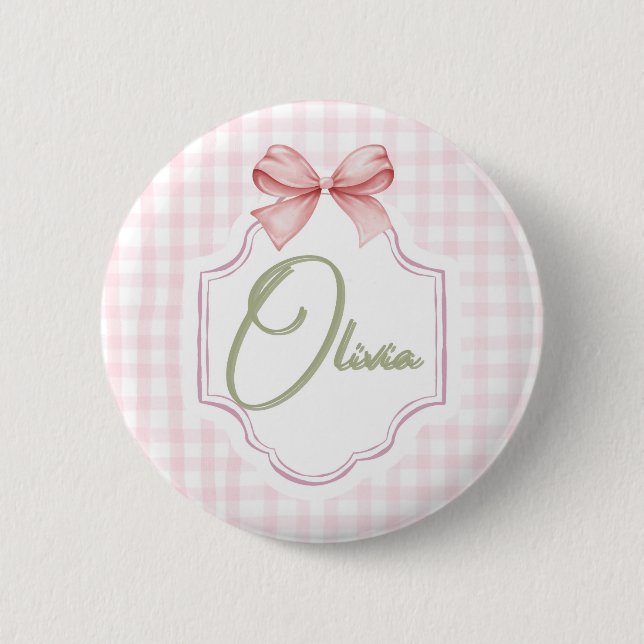 Olivia Personlig Rosa Bow & Gingham Print Knapp (Framsida)