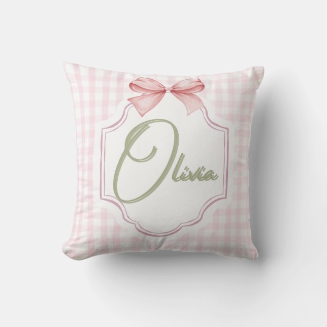 Olivia Personlig Rosa Bow & Gingham Print Kudde (Framsida)