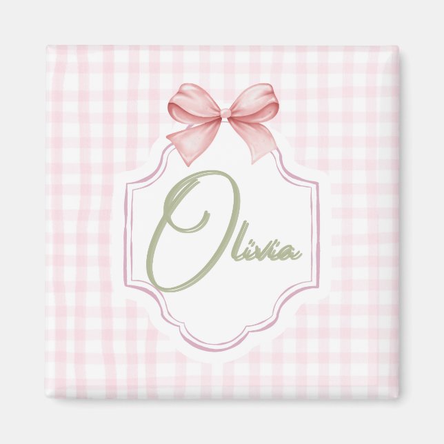 Olivia Personlig Rosa Bow & Gingham Print Magnet (Framsidan)