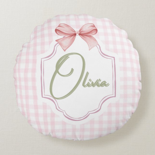 Olivia Personlig Rosa Bow & Gingham Print Rund Kudde (Framsidan)