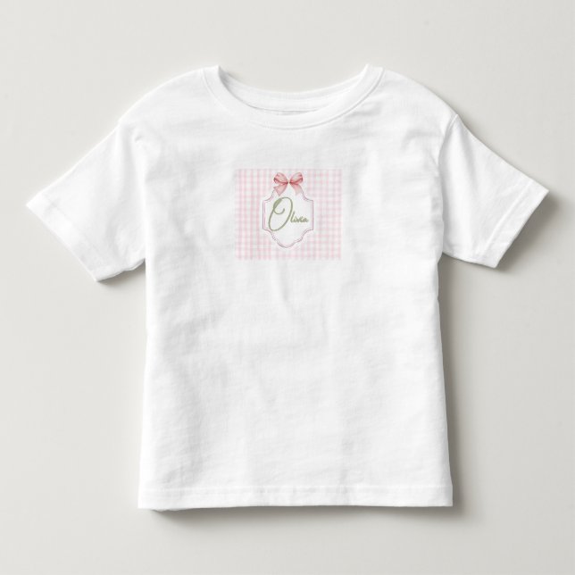 Olivia Personlig Rosa Rosett & Ginghamtryck T Shirt (Framsida)