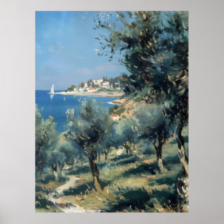 Olivilund med kustby och hav poster