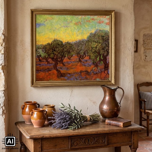 Olivilund, orange himmel av Vincent van Gogh Poster (Olive Grove, Orange Sky by Vincent van Gogh is a vintage post impressionism landscape painting.)