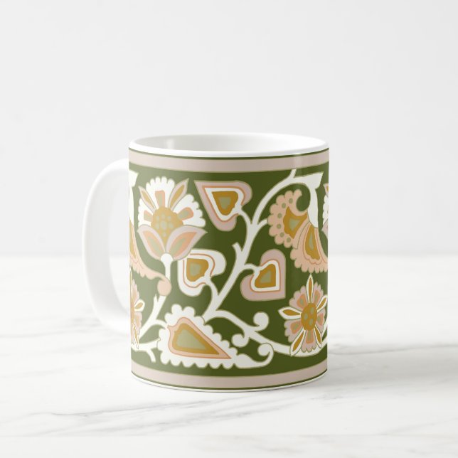 Olivkaffe och Peach Art nouveau Blommigt Coffee Mu Kaffemugg (Framsida vänster)
