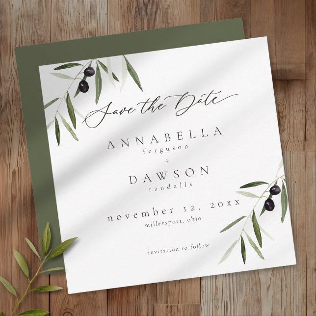 Olivkvist Vattenfärg Elegant Minimalistisk Bröllop Spara Datumet (Olive Branch Watercolor Elegant Minimalist Wedding Save The Date)