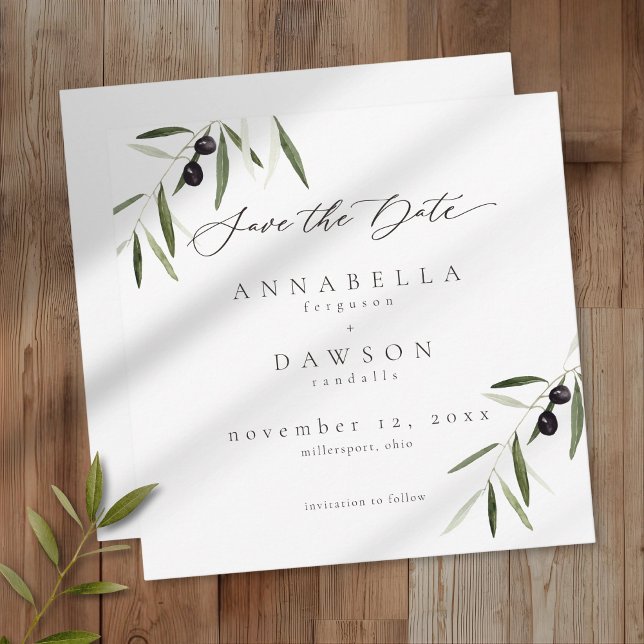 Olivkvist Vattenfärg Elegant Minimalistisk Bröllop Spara Datumet (Olive Branch Watercolor Elegant Minimalist Wedding Save The Date)