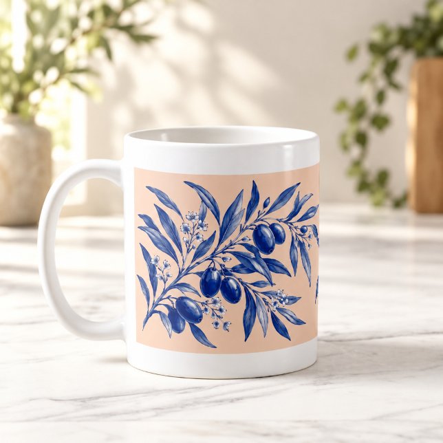 Olivkviststimmar Kobolt Botanisk Mugg (Olive Branch Hours Cobalt Botanical Mug — digital mockup.)