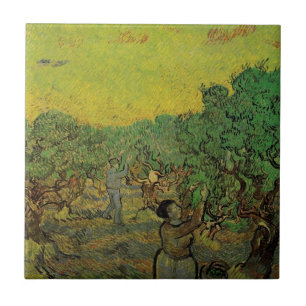 Olivlund med plockande figurer, Vincent van Gogh Kakelplatta