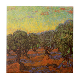 Olivlund, orange himmel av Vincent van Gogh Kakelplatta