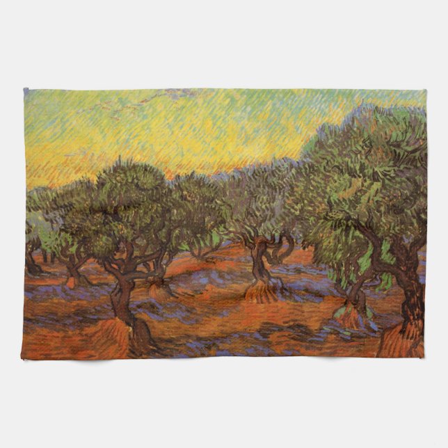 Olivlund, orange himmel av Vincent van Gogh Kökshandduk (Horisontell)