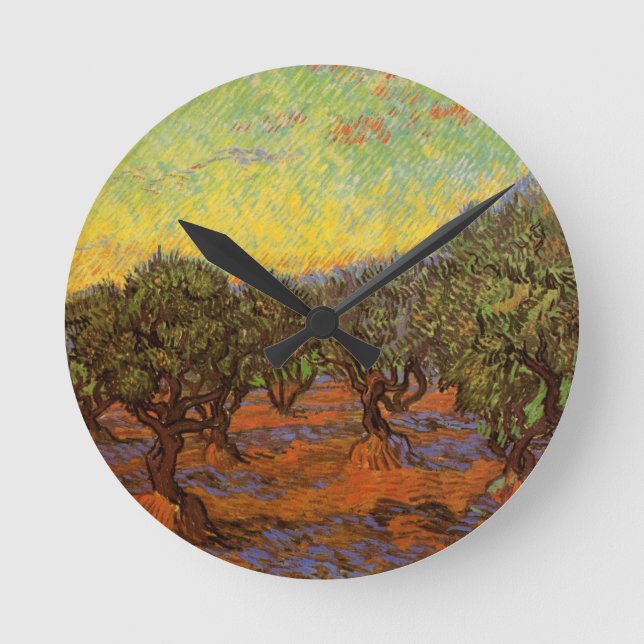 Olivlund, orange himmel av Vincent van Gogh Rund Klocka (Framsida)