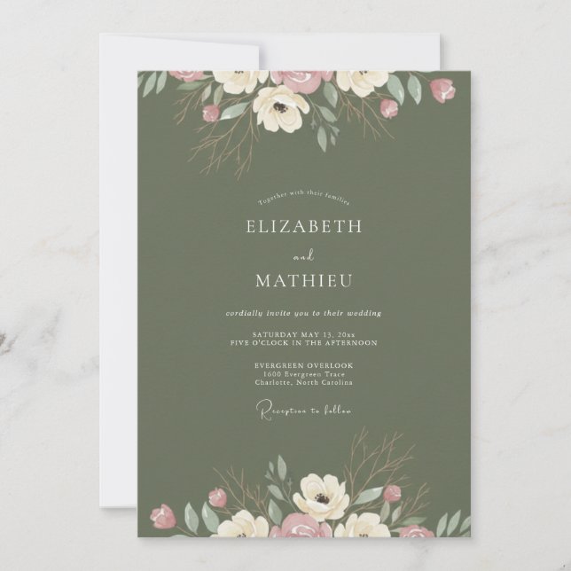 Olivröda Ranunculus-Eukalyptus-Hochzeit Inbjudningar (Framsida)
