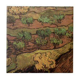 Olivträd av Van Gogh mot en kulle sluttning Kakelplatta