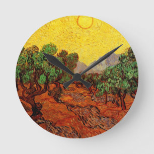 Olivträd med gul himmel och sol av Van Gogh Rund Klocka