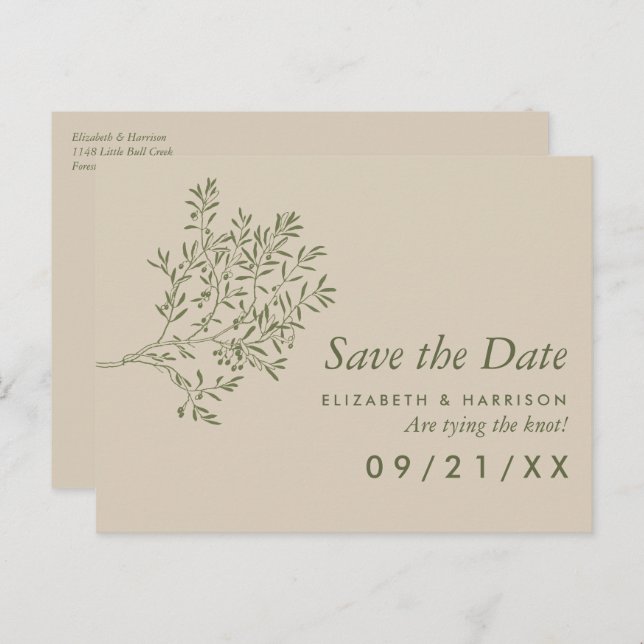 Olivträdsgren, Rustik Bröllops Karta 'Save the Dat Meddelande Vykort (Fram/baksida)