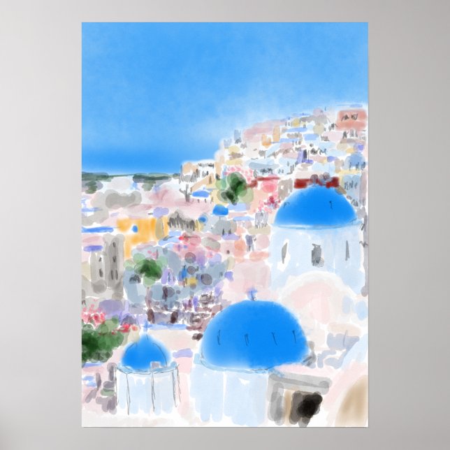 Olja från abstrakt som målar grekiska ön Santorini Poster (Framsidan)
