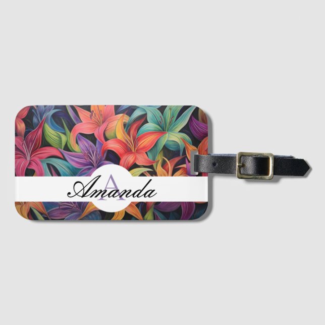 Olja Pastel Colorful Lily Flower Mönster Monogram Bagagebricka (Framsida horisontal)