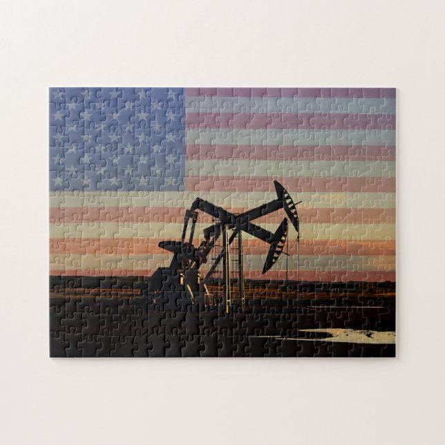 Oljabrunn och amerikanska flaggan pussel (Horisontell)