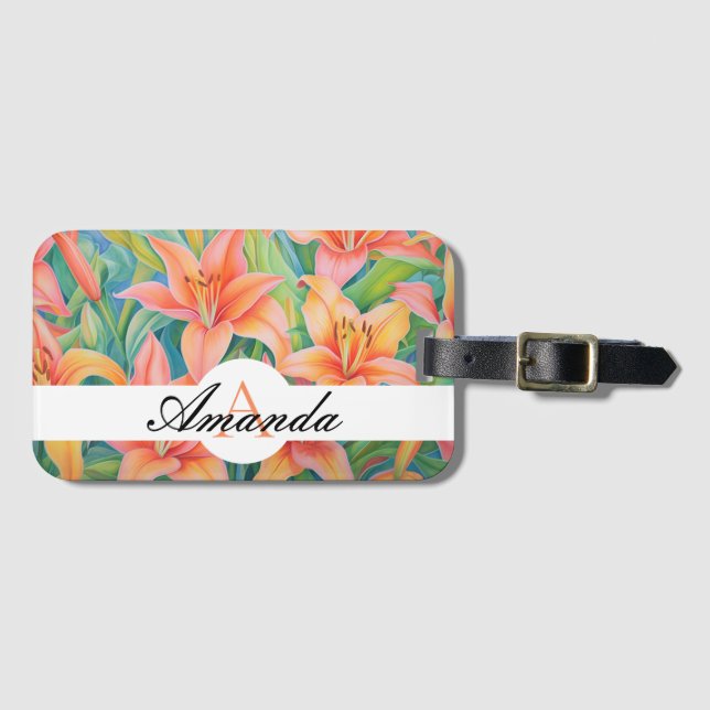 Olje Pastel Orange & Grönt Lily Mönster Monogram Bagagebricka (Framsida horisontal)