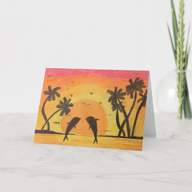 Olje- pastellfärgad teckning av en solnedgång och kort (Framsida)