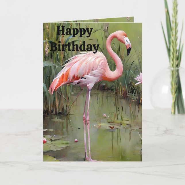 Oljefärgad Rosa Flamingo in Pond, födelsedagskort Kort (Framsida)