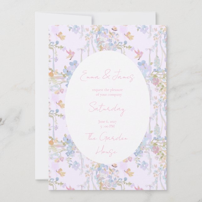 Oljemålad pastellrosa blommande fjärilar inbjudningar (Framsida)