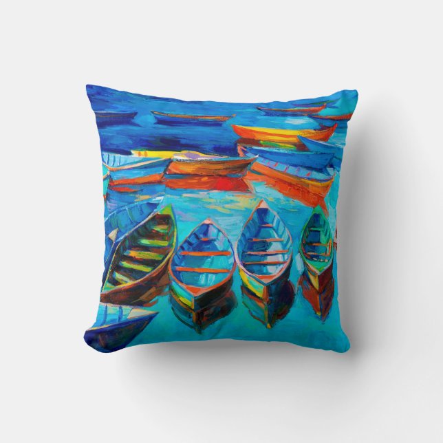  oljemålning av båtar och hav på sjöduk. Solnedgån Kudde (Framsida)