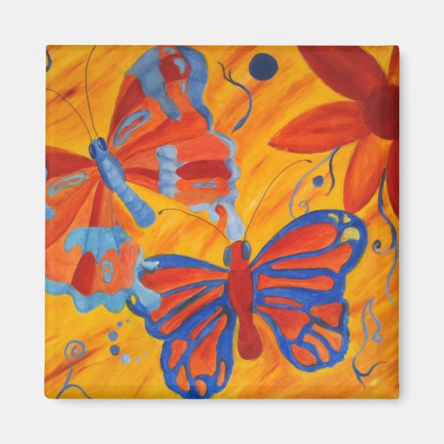 oljemålning av fjärilar och blommor magnet (Framsidan)