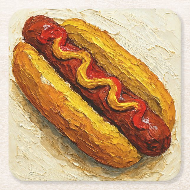 Oljemålning av Hot Dog (#1) Underlägg Papper Kvadrat (Framsidan)