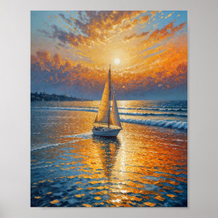 Oljemålning av kustnära solnedgångsvattenvägg poster
