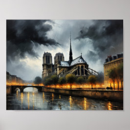 Oljemålning av Notre Dame de Paris på natten Poster