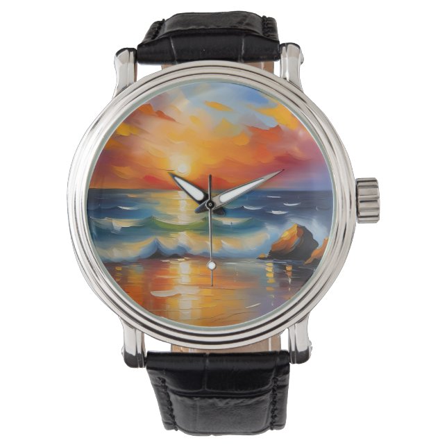 Oljemålning av orangens solnedgång över havet armbandsur (Framsida)