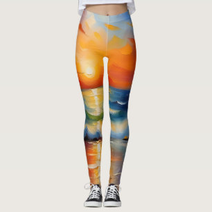 Oljemålning av orangens solnedgång över havet leggings