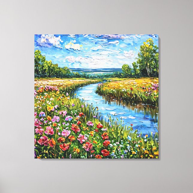 Oljemålning av sjö och blomsterfält canvastryck (Framsida)