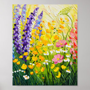 Oljemålning av soldränkt äng med vilda blommor poster