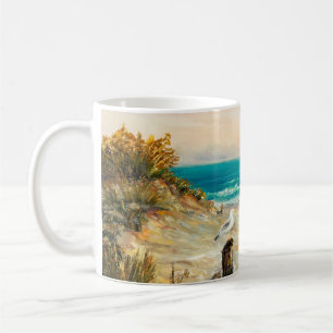 oljemålning av stranddyner med fiskmåsar o kaffemugg